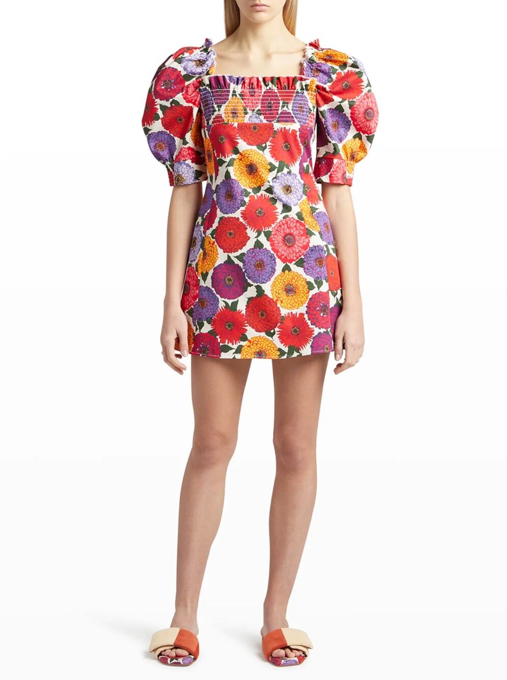 La DoubleJ Tuckernuck Zinnie Floral Print Mini Puff Sleeve Smocked Dress NEW M